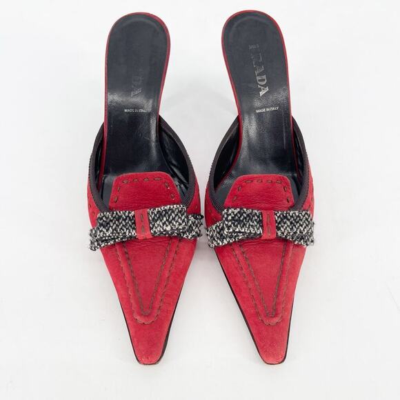 Vintage Prada Red Suede Tweed Bow Detail Pointed Toe Slide Heel Mule IT 36.5 - Picture 3 of 11